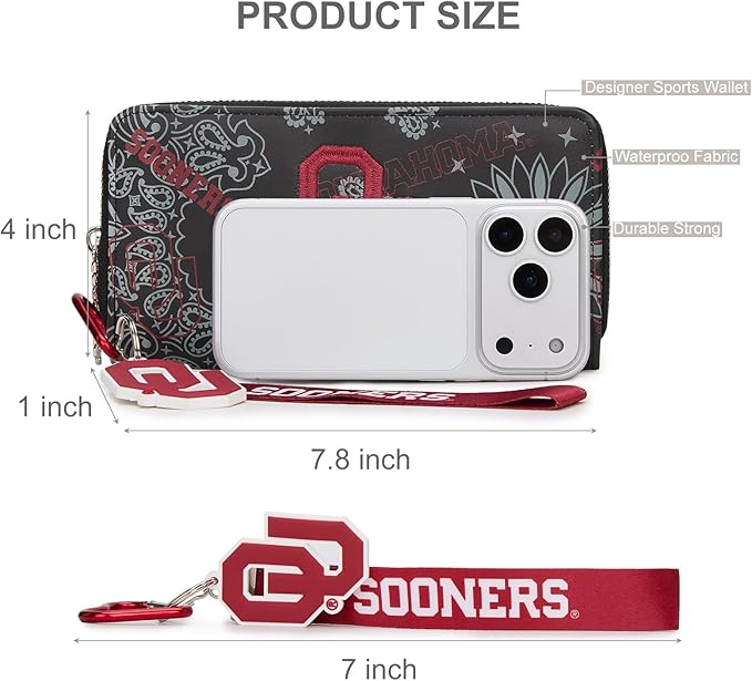 Oklahoma Sooners Wristlet Purse Licensed, OU Team Clutch Wallet with RFID Blocking Card Slot, Zipper Purse for Fan Gifts, Game Day, Travel Essentials | Black, NC-OU011BK