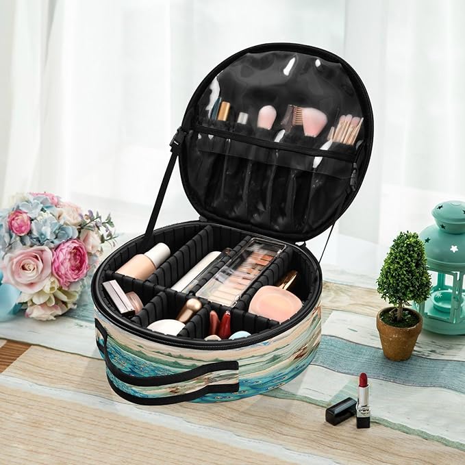 senya Round Cosmetic Pouch Travel Makeup Train Case Vintage Peacock Makeup Organizer Bag with Adjustable Dividers Portable for Cosmetics Makeup Brushes Toiletry Jewelry Accessories