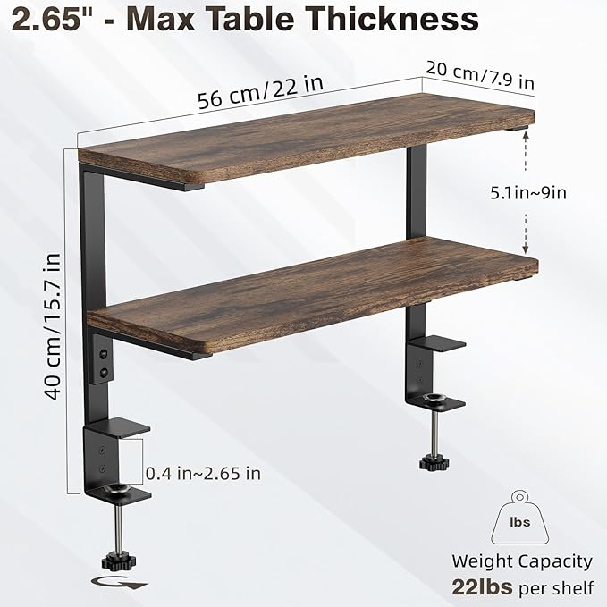2-Tier Desk Extender, 22-inch Clamp-On Desk Shelf, Height-Adjustable Desktop Shelf Organizer for Monitors Office and Gaming Accessories, Arm Support Table Extension, Dark Brown