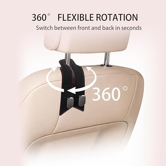 Premium Leather Car Headrest Hooks for Purses, 2 Pack Heavy Duty Car Seat Hooks, 360° Rotatable Back Seat Hanger Organizer, Metal Car Hooks for Bags, Groceries, Handbags (2, Black)