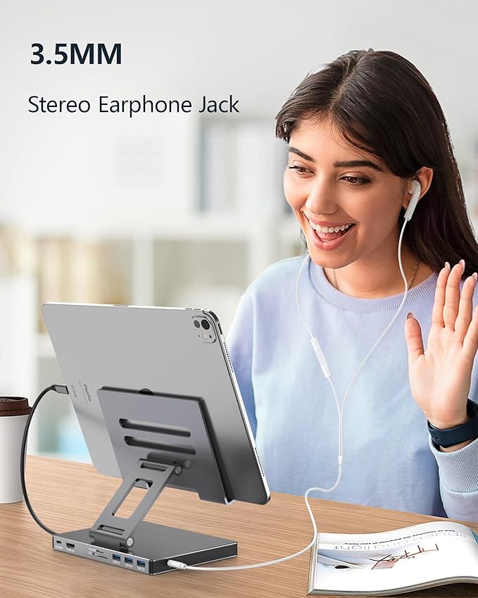iPad Pro USB C Hub Stand, Multiport Adapter for iPad Pro M4 M3 M2 M1 13 12.9 11 Inch iPad Air Docking Station Foldable 4K 60Hz HDMI, PD Charging, SD/TF Card Reader, 3 USB 3.0, 3.5mm Audio