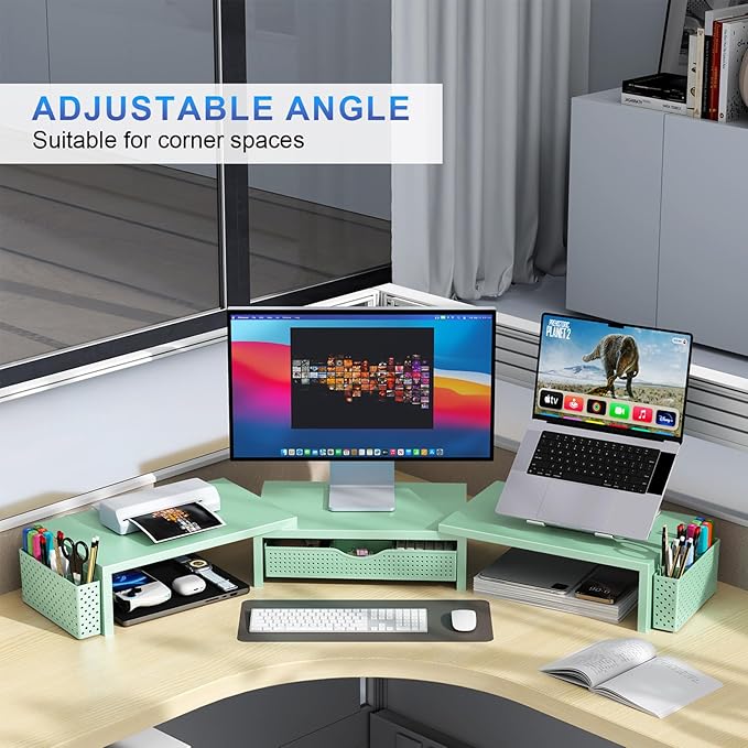 gianotter Dual Monitor Stand Riser, Desk Organizer With Drawer and 2 Pen Holders, Computer Monitor Stand, Desk Shelf for Top of Desk (Sage Green)