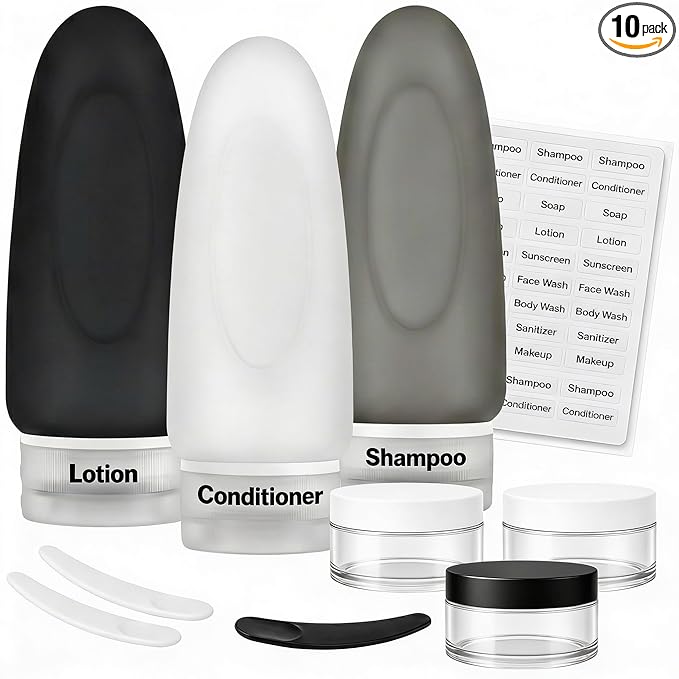 Dot&Dot Leak Proof Travel Bottles - Tubes for Liquid TSA Approved 3oz 10pc Silicone Toiletries Travel Shampoo & Conditioner Containers with Labels