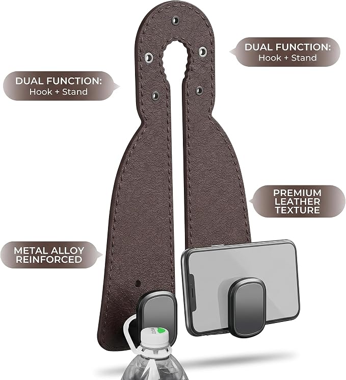 2 Pack Leather Car Seat Back Double Hooks - Heavy Duty Metal Core Headrest Hangers for Purses, Bags & Groceries - Anti-Drop & Scratch-Free Auto Interior Organizer Holder (Brown)