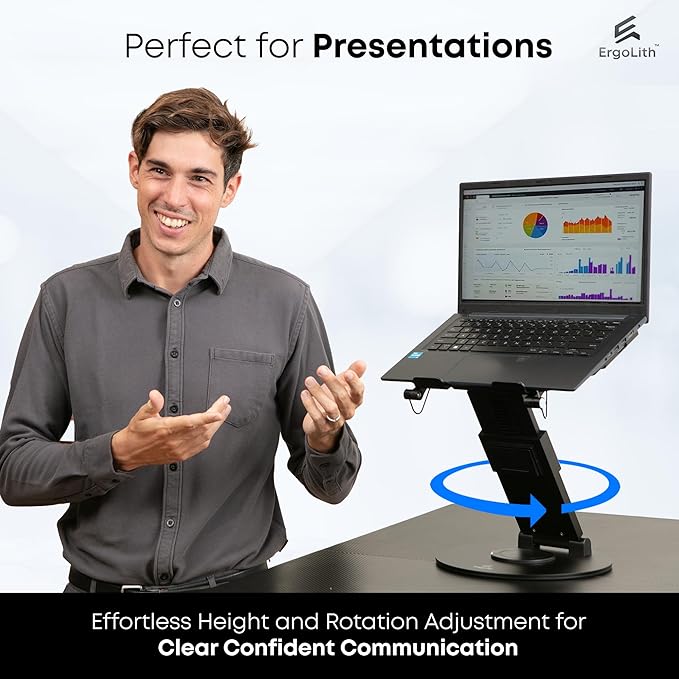3-in-1 Adjustable Laptop Stand, Book Stand, and Phone Holder - 360° Rotating Display for All Laptops - 2??1" Height for Ergonomics - Office Desk Accessories - Stylish - Patented - Sky Black
