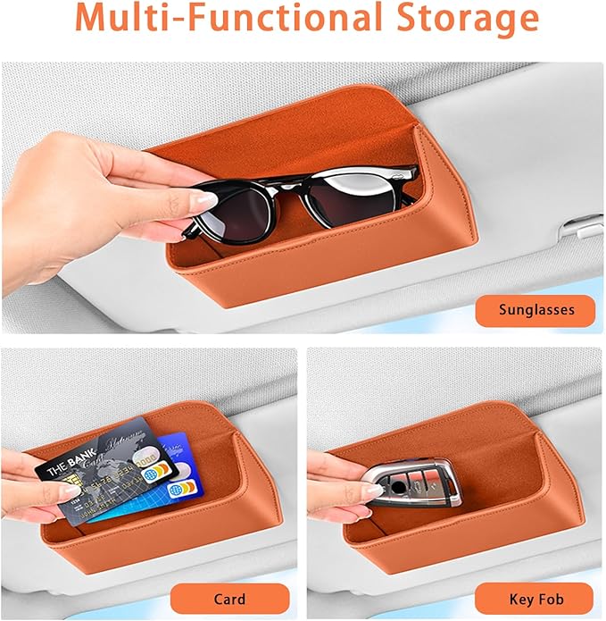 Car Sunglasses Holder, Large Capacity Universal Fit Magnetic Closure Clip-On Visor Accessories Glasses Protective Storage Box for Man Women Orange