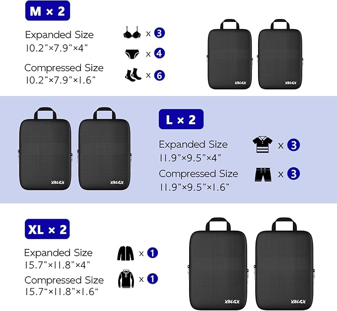 XBLGX 6 Set Compression Packing Cubes for Travel, Suitcases and Carry On, Luggage Organizer Bags for Travel Accessories