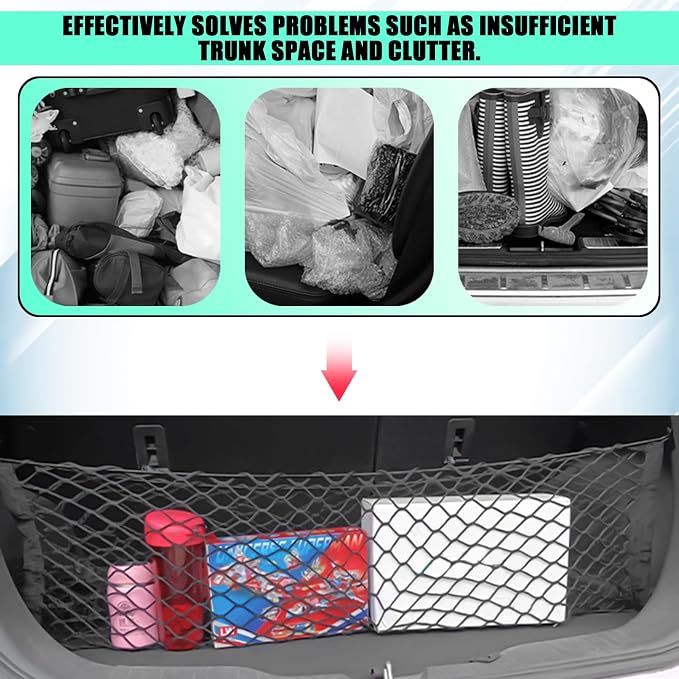 Car Rear Cargo Net, Adjustable Elastic Car Trunk Cargo Storage Net with Hooks, Automotive Double-Layer Black Nylon Tailgate Net Exterior Accessories for Most Cars, SUVs, Trucks (35.4"x 15.7")