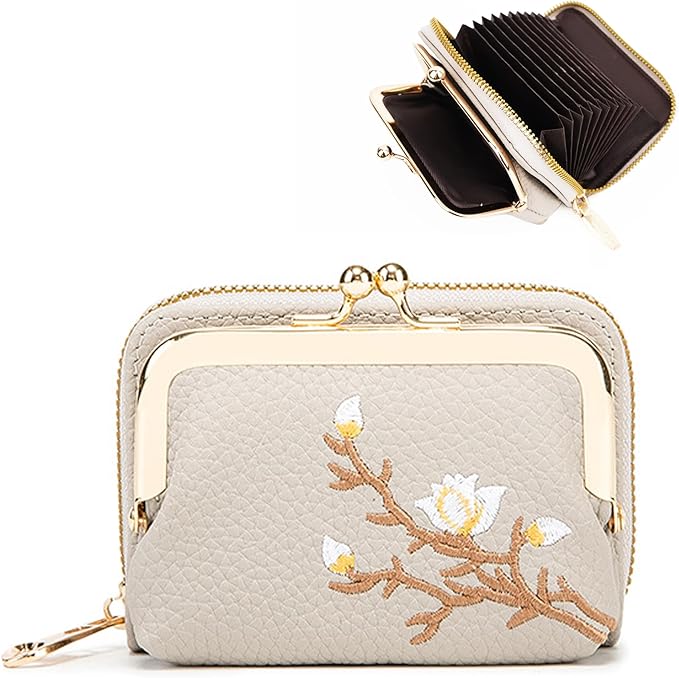 Women's Pebble Leather Wallet, 2-in-1 Zip-Around Credit Card Holder with Kiss Lock Coin Purse, Cute Change Purse with Secure Clasp & Card Slots (Grey, Small)
