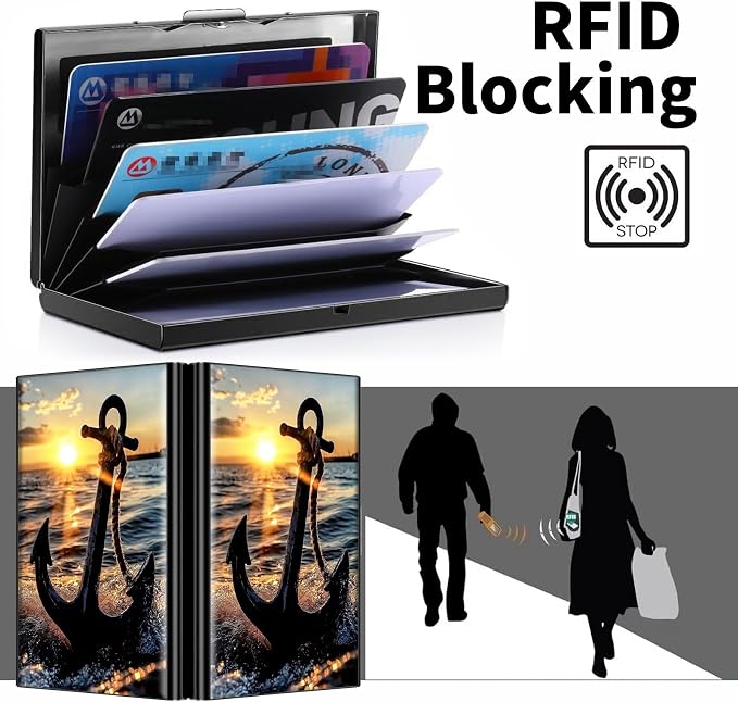 Metal Wallet, Credit Card Holder for Women Men Girls, RFID Blocking Aluminum Wallet Slim Hard Case, Mini Travel Wallet, ID Card Holder Business Card Case,Anchor