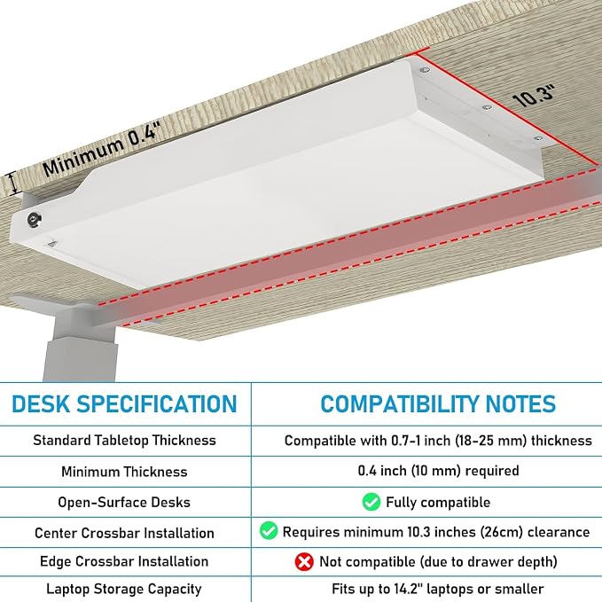 Under Desk Drawer Storage with Lock, Metal Undermount Table Drawer, Ball Bearing Slides Out Tray Organizer for Paper, Pencil, and Laptop 24"x10.3"x2.1", White with Divider