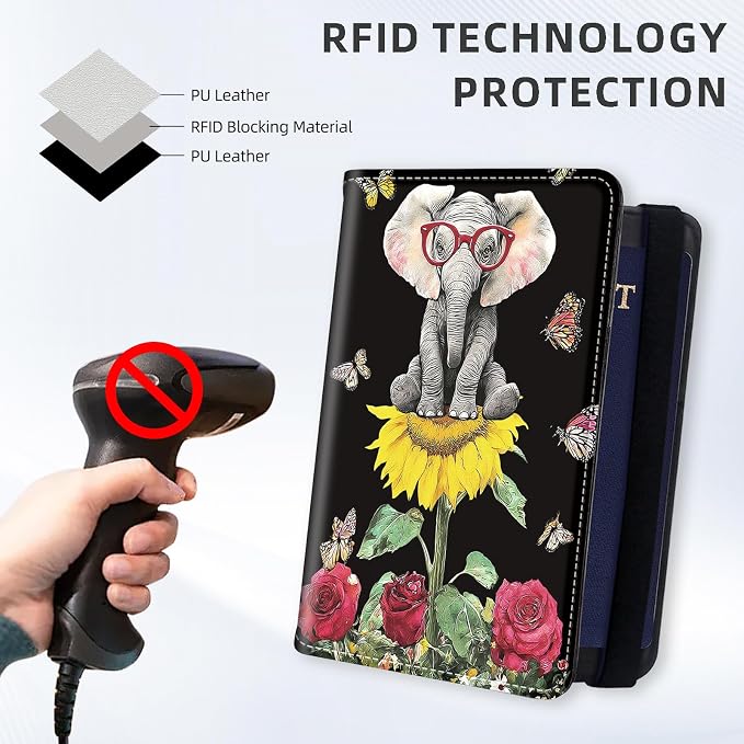 [Elephant with Glasses Ultra-Slim Passport Holder Wallet with Pen Loop, RFID Blocking Faux Leather Travel Passport Cover, Compact Boarding Pass & Card Case Organizer for Women & Men