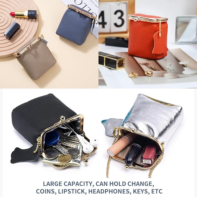 Litchi Leather Coin Purse for Women, Portable Vintage Wallet Mini Lipstick Holder Fashion Solid Color Kiss Lock Key Storage Square Pouch (Wine red)