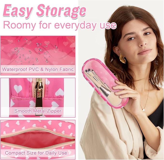 Nylon Small Clear Makeup Bag Slim Pencil Pouch, Cute Pencil Case Makeup Bag Preppy Cosmetic Zipper Pouch for Purse,Travel PVC Toiletry Bag Clutch Coin Pouch Makeup Organizer for Women Girl(Pink Heart)