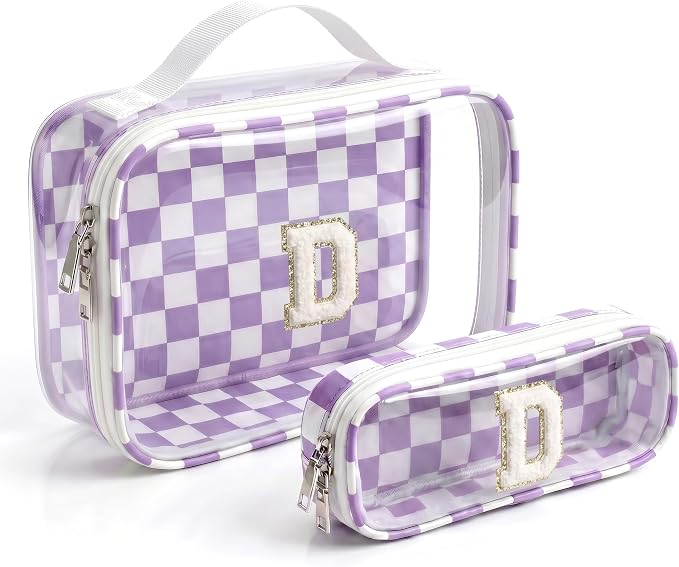 LETGO Preppy Makeup Bag for Women - Monogram Personalized Initial Makeup Bags Cosmetic Pouch Make Up Case for Women Her Best Friend Friendship Sister Teacher,Birthday Gifts for Women(D,Purple&Beige)