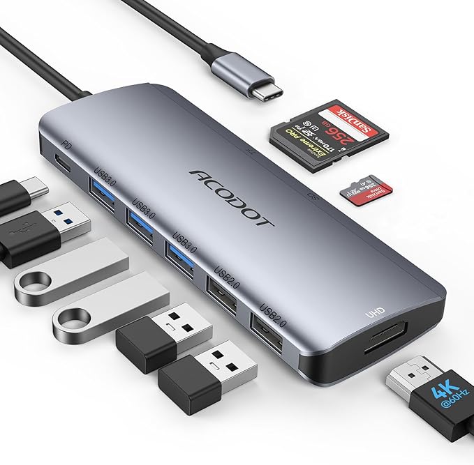 USB C Hub, 9 in1 Multi-Port USB Adapter for Laptop/Mac, 4K@60Hz USB C to HDMI Splitter, 100W Max PD, 3 USB3.0 + 2 USB2.0 Data Ports, SD/TF Card Reader, for Type C Devices