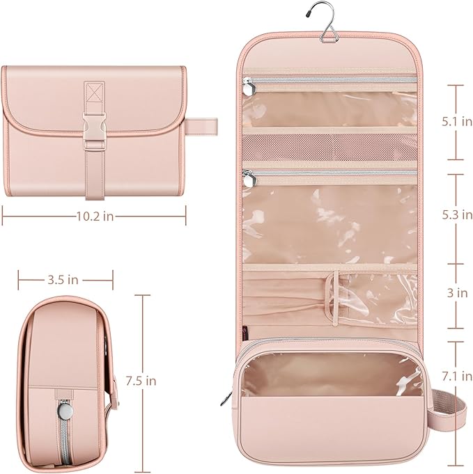 Fintie Portable Toiletry Cosmetic Travel Bag, Large Water Resistant Hanging Makeup Organizer Storage Pouch Case for Women Girls, Pink