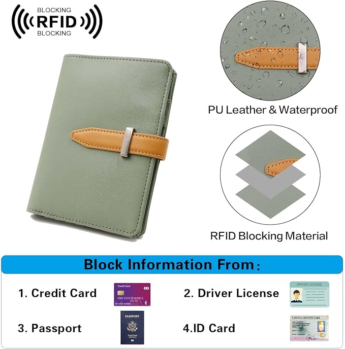 Passport wallets, Mulit-purpose RFID Blocking Passport Holder AirTag Wallet, Travel Wallet（Moss Green）