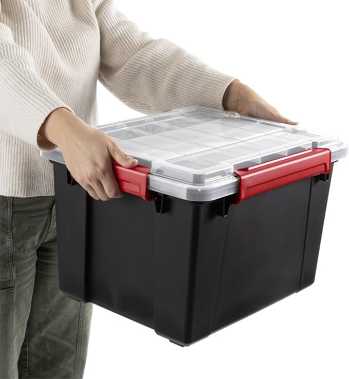 Sterilite 16 Pack Gasket Box, Stackable Plastic 20 Gallon Storage Container with Lids, Black - Waterproof and Dustproof Tote for Home Organization