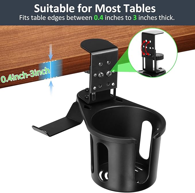 MYITYARD Desk Cup Holder Clamp, 2 in 1 Anti-Spill Clip On Table Cup Holder with Headphone Hanger, Rotatable Water Bottle Stand Drink Coffee Mug Storage, Office Accessories for Home and School