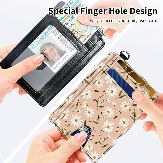 Slim Minimalist Front Pocket Wallet,Credit Card Holder Wallet for Women Men,RFID Blocking Credit Card Holder Case Leather Cute Small Thin Wallet ID Window&Wrist Strap,White Daisy Flower