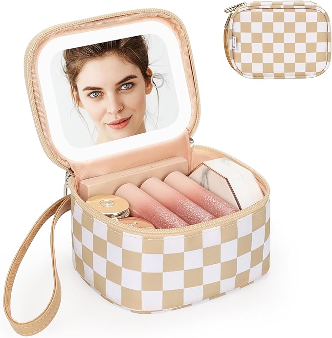 Relavel Mini Makeup Bag with Led Mirror, Small Cosmetic Bag with 3 Light Modes, Rechargeable Portable Makeup Pouch with Hands-Free Wrist Strap for Pool Parties丨Work Touch-Ups丨Travel - Plaid