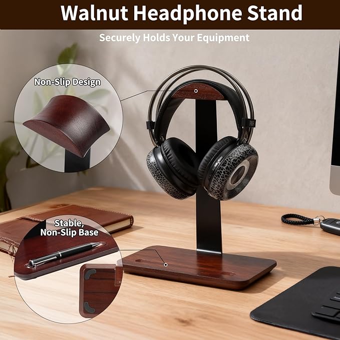 Walnut Headphone Stand with Pen Holder - Solid Wood Headset Stand for Desk, Wooden Headphone Holder and Executive Desk Organizer for Office, Compatible with AirPods Max, Sony, Bose Headphones, Brown