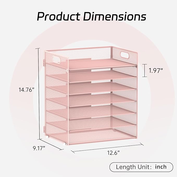7 Tier Paper Organizer - Mesh Desktop File Holder with Handles for Office School Desk, Black (Pink)