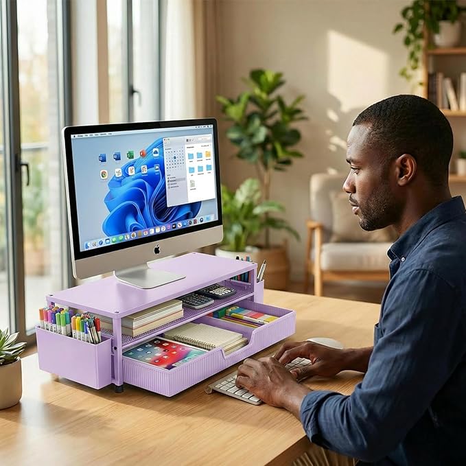 ECOLOVI Desk Organizer and Accessories, 2-Tier Computer Monitor Stand Rise with Storage Drawer & 2 Pen Holders, Laptop & Printer Stand for Desktop, Workspace Organizers for Office Supplies (Purple)