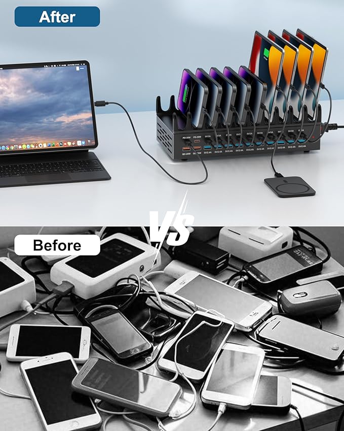 420W Charging Station for Multiple Devices - 24 Ports USB Fast Charging Station with 30W Power Delivery, Multi Charger Dock for Phone Tablet, Home, Office, School