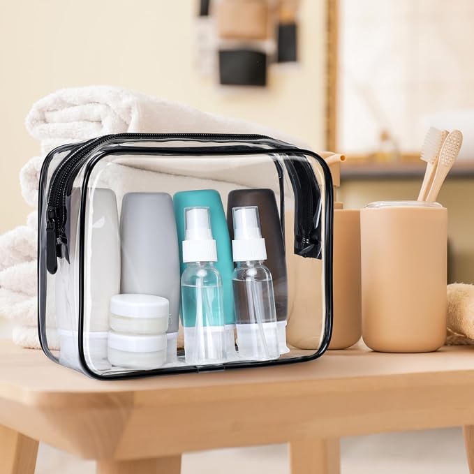 PACKISM 9 Pack TSA Approved Toiletry Bag with Bottles - Leakproof 3.4oz Silicone Travel Container Kit for Toiletries, Clear Quart Size Bag for Shampoo Conditioner Lotion (BPA Free)