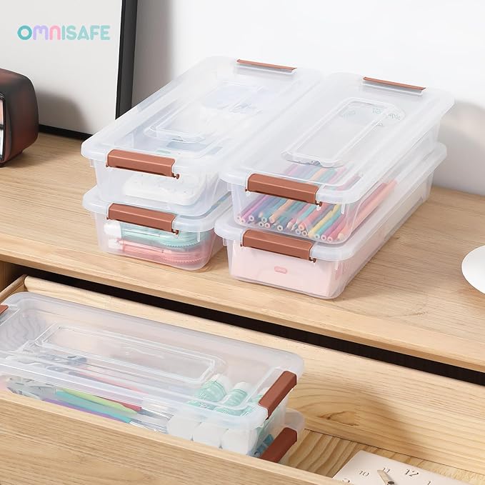 Plastic Storage Bin with Lid, Stackable Design, Clip Box for Crafts, Supplies and Office Items Container (8 Pack 4 Quart Brown)