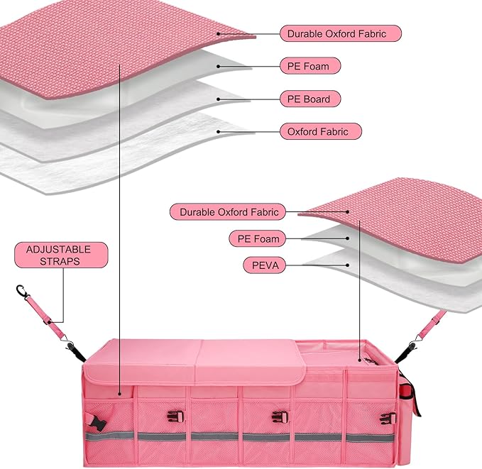 Car Trunk Organizer and Storage with Lid & Removable Leakproof Cooler Bag, Car Accessories 6 Removable Dividers for Custom Space, Collapsible Large Trunk Organizers Interior for SUV & Sendan, Pink