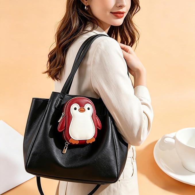 Cute Cartoon Penguin-shaped Coin Purse PU Leather Accordion Card Holder Large Capacity Zippered Money and Card Organizer Portable Mini Coin Purse (red)