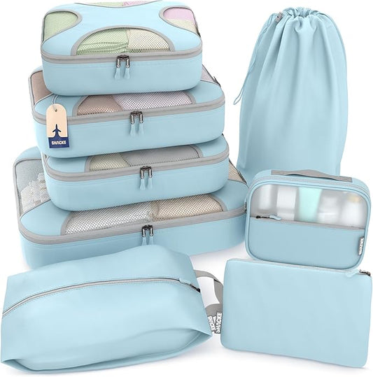 Shacke Packing Cubes for Travel 8 Set - Premium Luggage Organizer Bags - Versatile Travel Organizer for Women and Men - Optimized Packing Bags - Travel Essentials (Sky Blue)