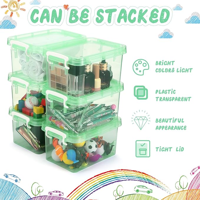 Wenqik 6 Pack Colorful Plastic Storage Bins with Lids 4 Quart Small Storage Latch Box Stackable and Nestable Clear Organizer Bins with Latching Handle and Buckle for Organizing(Green)