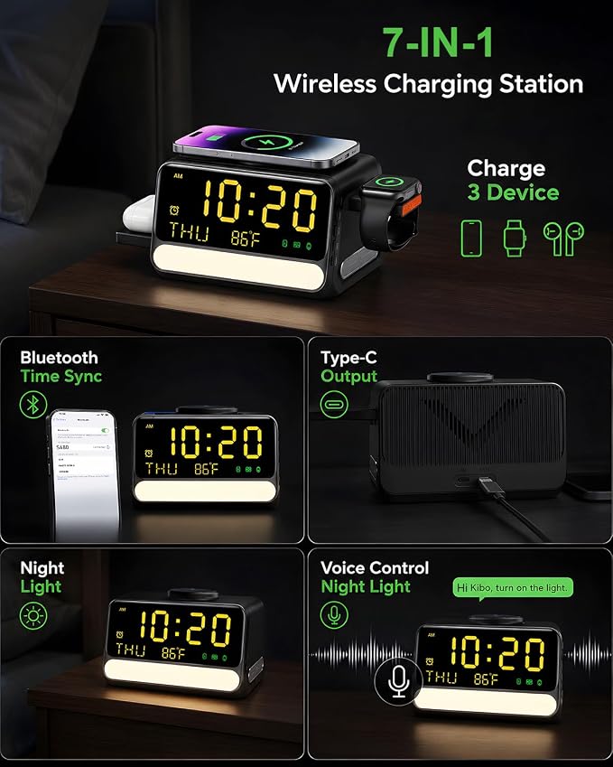 Upgraded 7-in-1 Wireless Charging Station for Apple&Samsung,Magnetic Charger with Voice-Controlled Night Light,for iPhone 17/16/15/14 Pro Max,Samsung Galaxy,Google Device,Apple&Samsung Watch,AirPods