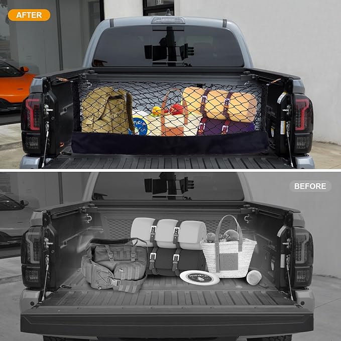 Highly Elastic Truck Bed Cargo Net Compatible with 2015-2025 Ford F150 and Fits 2019-2025 Dodge Ram 1500, Truck Cargo Net for F150/Ram 1500 Accessories, Upgraded Storage Bag & Heavy Duty Carabiners
