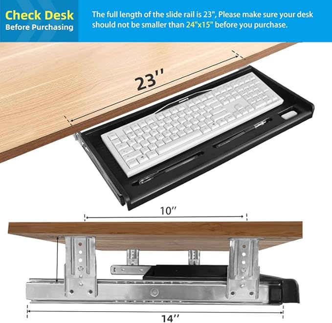 TOOCUST Under Desk Keyboard Tray, 20" Wx11"D Sturdy Key Board Tray Under Desk Slide with Pen Tray, Desk Extender with Pen Holder,Black