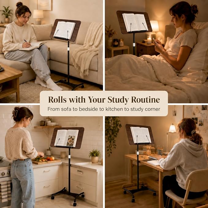 Rolling Book Stand with Wheels, Adjustable Sheet Music & Reading Stand | 16.5 x 11.8 in panel | 19-57 in adjustable height | 360° angle | Lockable wheels | For books, music, tablets