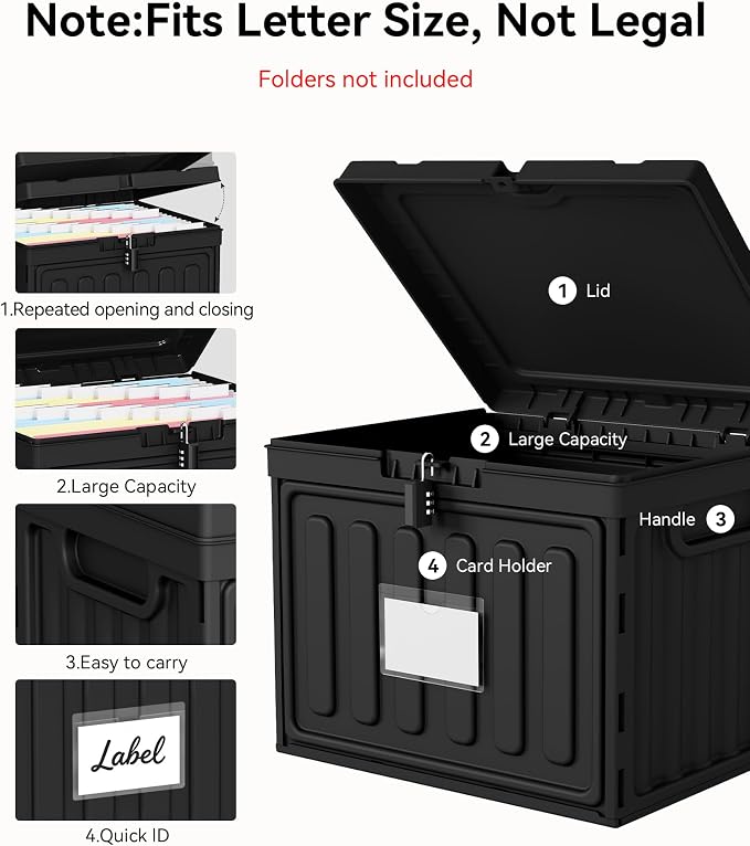 Oterri Plastic File Box with Lid for Letter Size Hanging File Folders, Hanging File Folder Box for Home, Office, School, File Cabinet (Black, Large-1 Pack Without Folders)