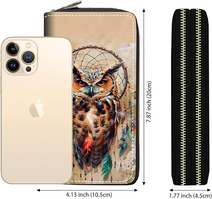 Women's Large Capacity Wallet PU Leather Double Zipper Clutch Purse Multifunctional Wallet with Removable Wristlet Strap for Smart Phone/Coin/Card/Cash, Dream Catcher Owl
