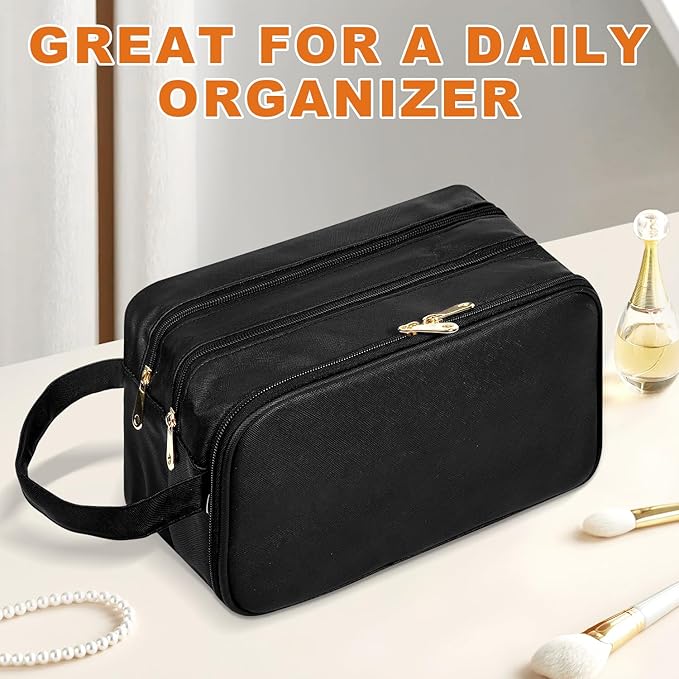 Grekos Waterproof Hanging Toiletry Bag | Large Capacity PU Leather Travel Organizer with Wet/Dry Compartments | Foldable Storage Bags Cosmetic & Shaving Kit for Women Men (Black)