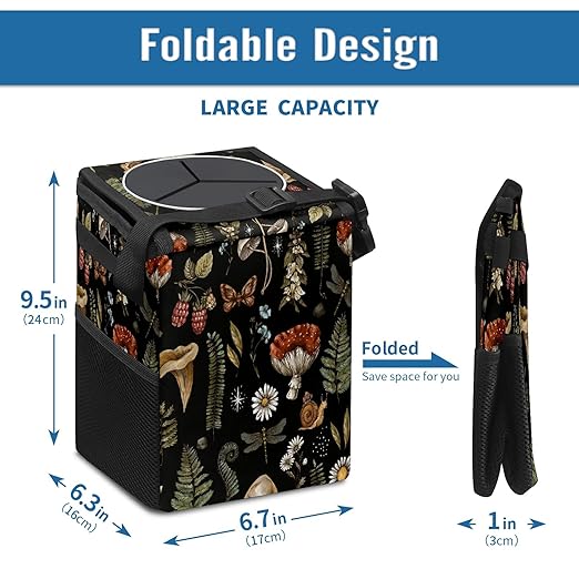 Car Trash Can with Lid Vintage Botanical Mushrooms Collapsible Reusable Leak-Proof Auto Garage Bag,Hanging Vehicle Car Accessories Interior Car Organizer