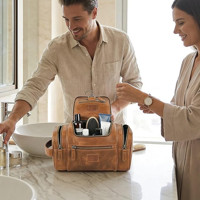 LEATHER VILLAGE Genuine Leather Travel Dopp Kit for Men & Women – Large Capacity Hanging Toiletry Bag with Water-Resistant Lining – Ideal for Travel, Grooming & Gym - Tan