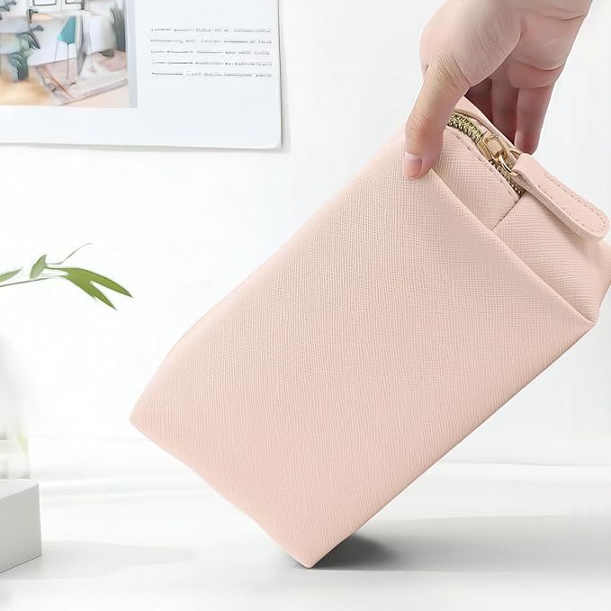 Leather Makeup Bag for Purse Travel, Portable Small Cosmetic Organizer for Women and Girls, Make up Bag with Zipper