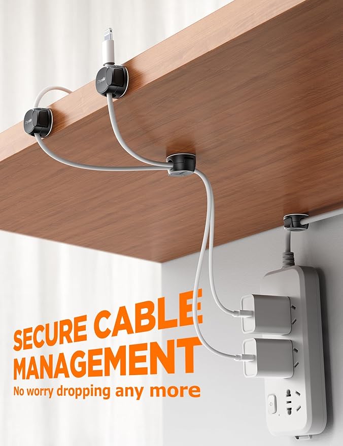 16Pack Cord Organizer [Dual Spring & Clasp, Max Secure] Cable Clips - Chfeila Cord Holder, Desk Cable Management, Adhesive Phone Charging Wire Holder for Nightstand/Car/Wall, Office Accessory - Black