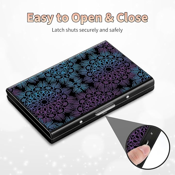 Slim Credit Card Holder, Purple Blue Mandala RFID Blocking Metal Wallet for Men & Women, Aluminum Minimalist Hard Case Pocket-Sized Business Cards Organizer (Fits Up to 10 Cards)