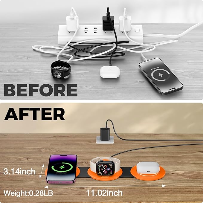Hicober 3 in 1 Wireless Charging Station for Apple Watch and iPhone Air 17 16 15 14 13 12 Pro Max/Plus, Magnetic Foldable Wireless Travel Charger Station Stand for Airpods iWatch All Series Orange