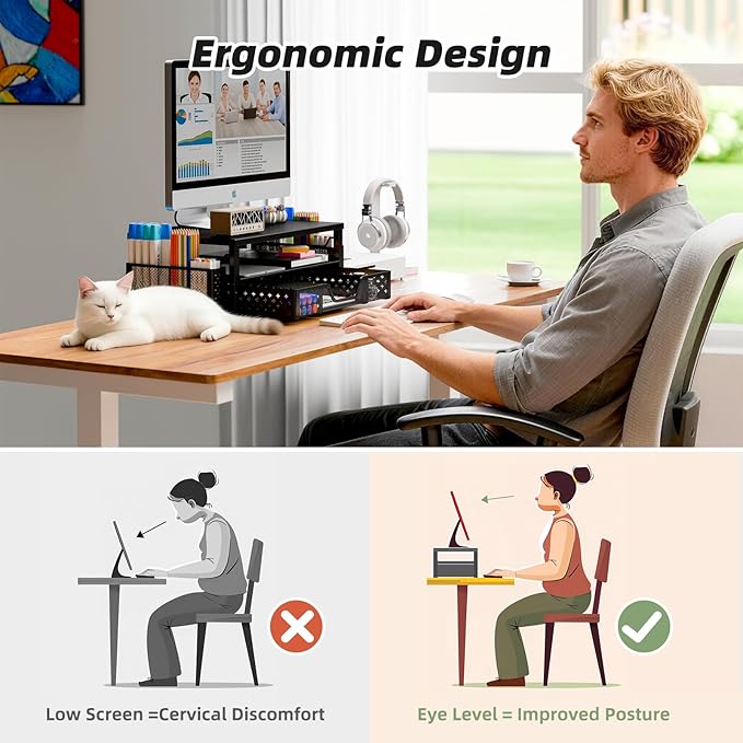 Simple Trending Desk Organizer and Accessories, 2-Tier Computer Monitor Stand Riser with Drawer and 2 Pen Holders for Office Supplies, Black